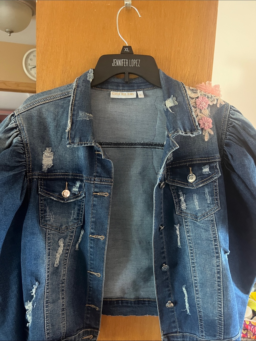 Classic Elements Dark Blue Distressed Denim Jacket with Pink Floral Appliqué